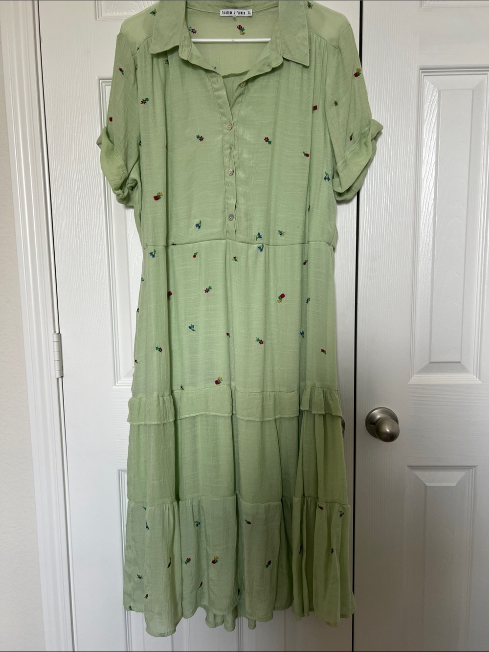 Caslon Sage Green Tiered Embroidered Maxi Shirt Dress